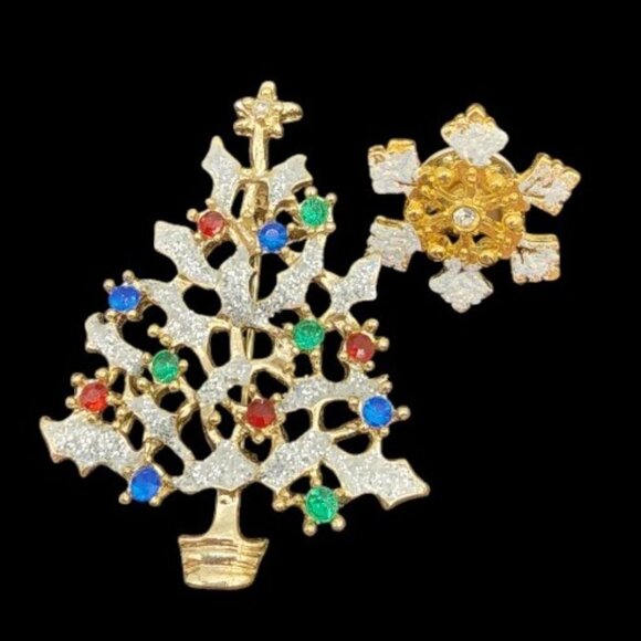 Christmas Tree and Snowflake Brooch Gold Tone White Glitter Enamel Rhinestones - Picture 2 of 9